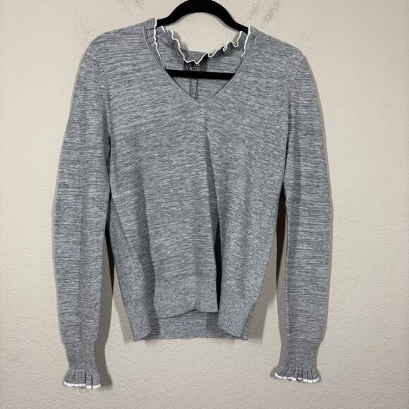 Leo & Sage Womens Size Small Ruffle V Neck Sweater Top Gray Cotton Long Sleeves - Picture 1 of 9